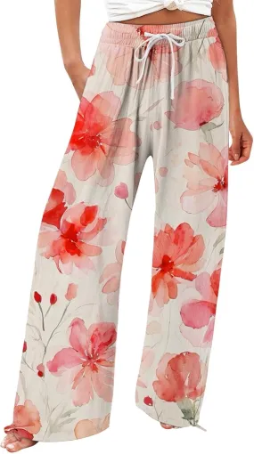 Womens Casual High Waisted Linen Pants Elastic High Waisted Beach Trousers Summer Casual Loose Wide Leg Palazzo Pants