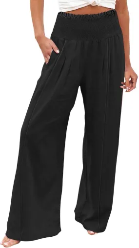 Womens Casual High Waisted Linen Pants Elastic High Waisted Beach Trousers Summer Casual Loose Wide Leg Palazzo Pants