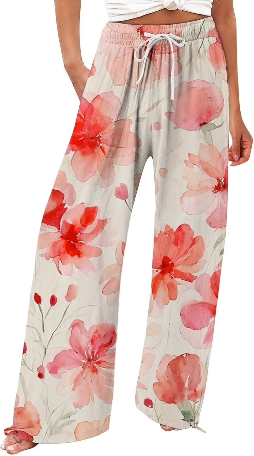 Womens Casual High Waisted Linen Pants Elastic High Waisted Beach Trousers Summer Casual Loose Wide Leg Palazzo Pants