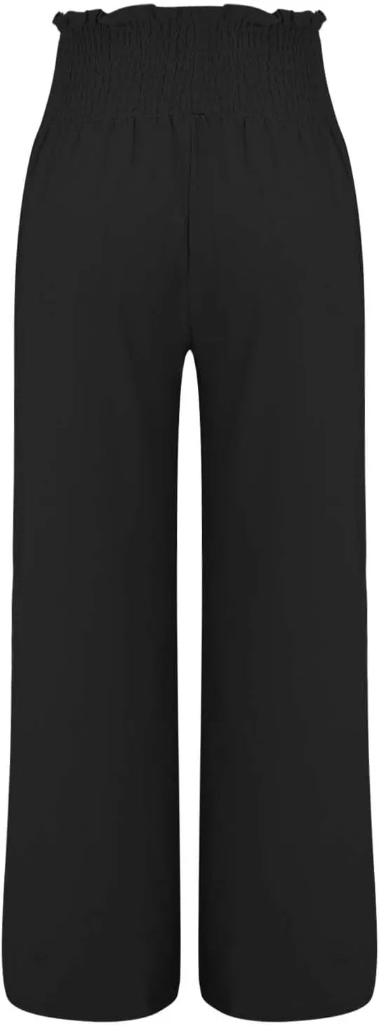 Womens Casual High Waisted Linen Pants Elastic High Waisted Beach Trousers Summer Casual Loose Wide Leg Palazzo Pants