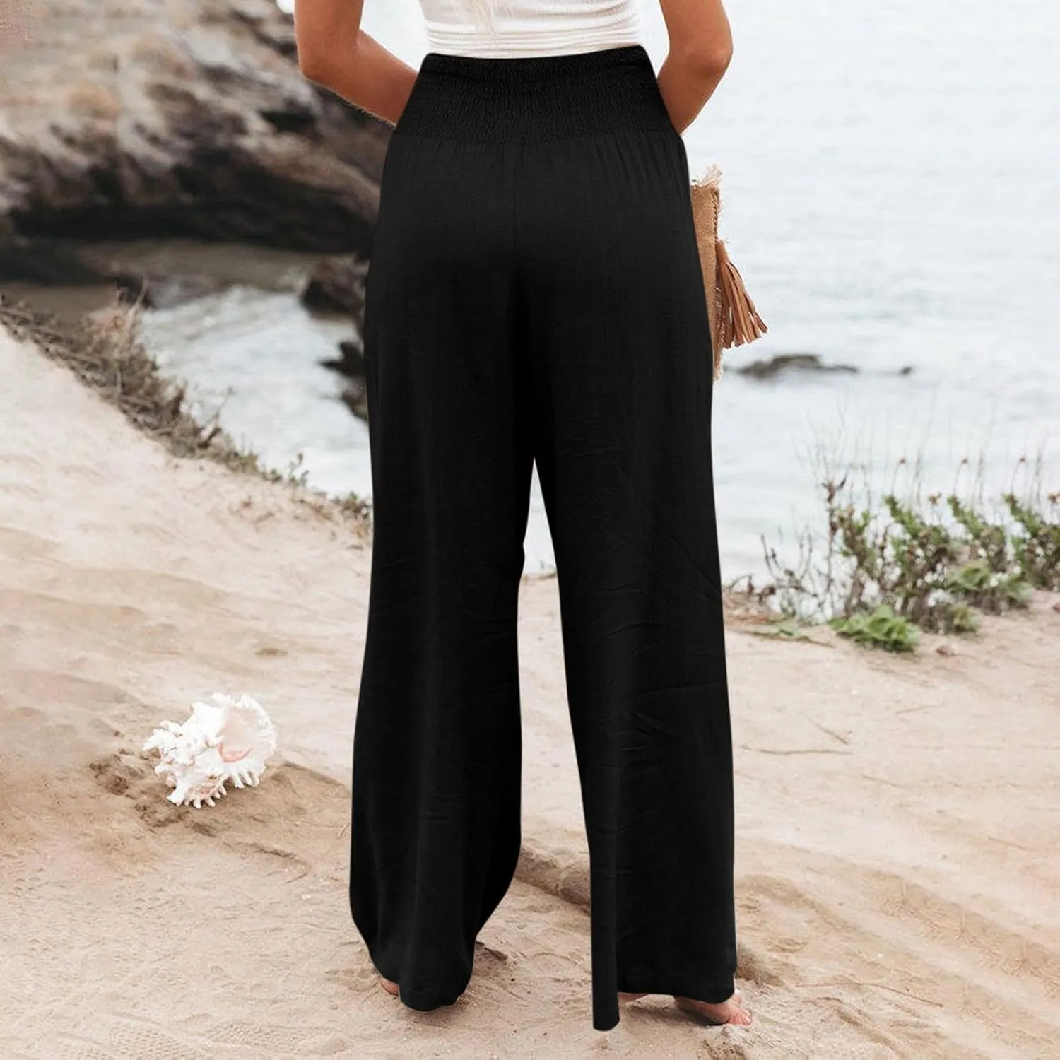 Womens Casual High Waisted Linen Pants Elastic High Waisted Beach Trousers Summer Casual Loose Wide Leg Palazzo Pants