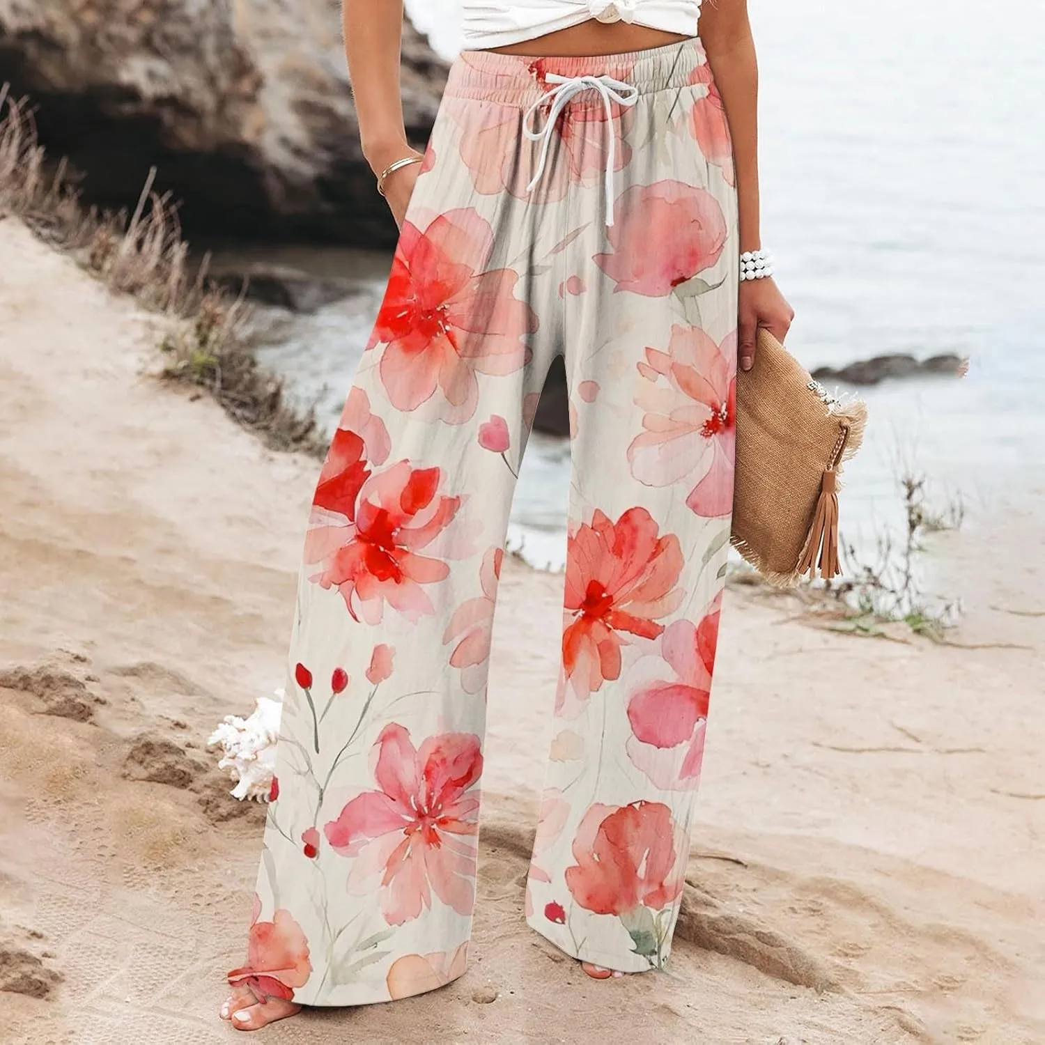 Womens Casual High Waisted Linen Pants Elastic High Waisted Beach Trousers Summer Casual Loose Wide Leg Palazzo Pants