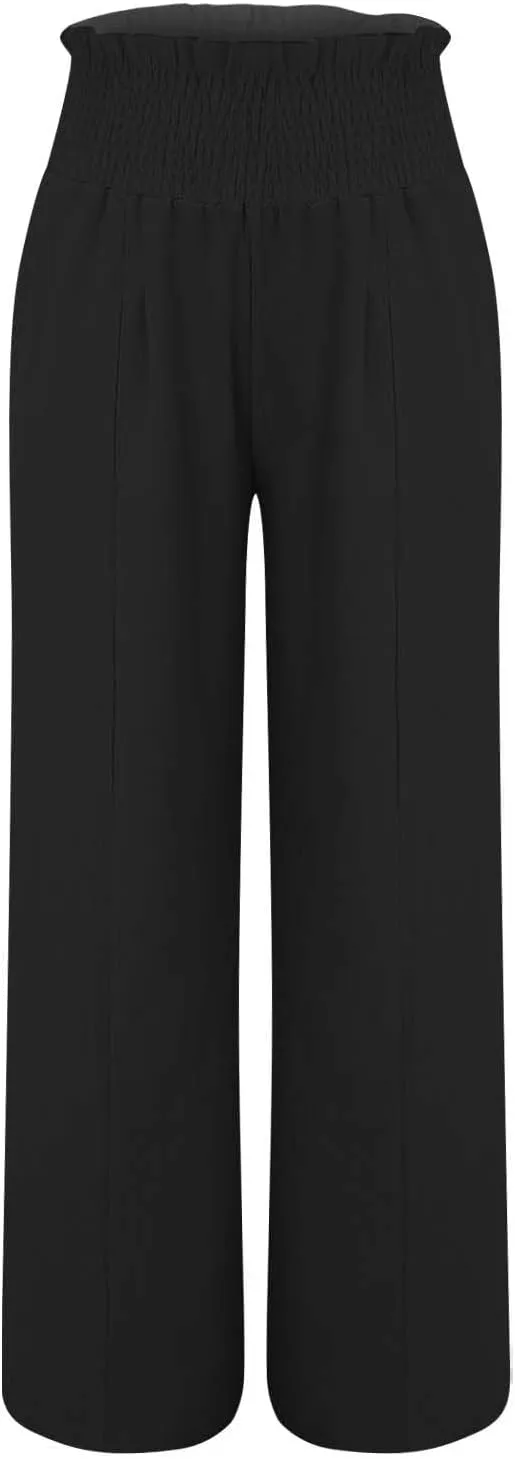 Womens Casual High Waisted Linen Pants Elastic High Waisted Beach Trousers Summer Casual Loose Wide Leg Palazzo Pants