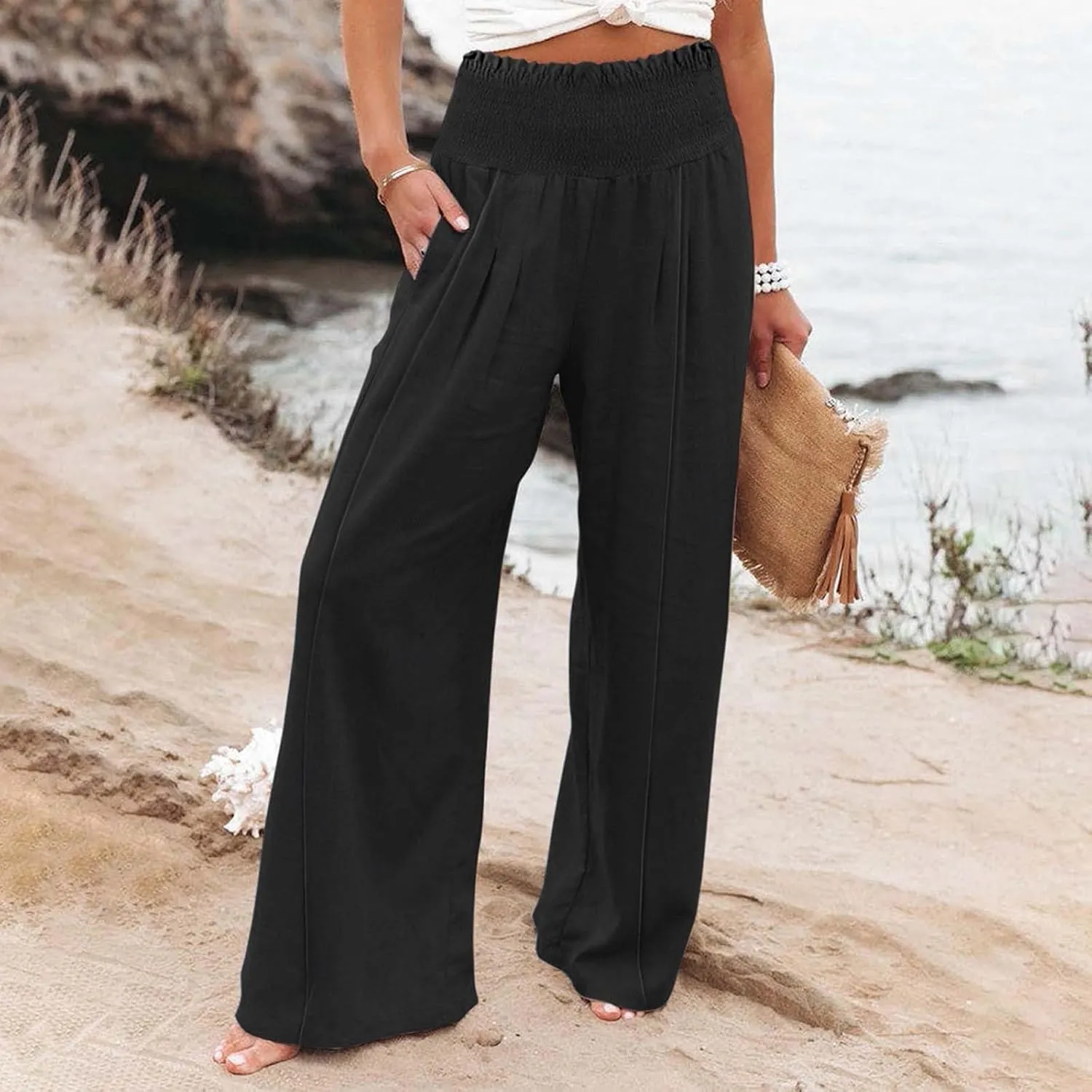 Womens Casual High Waisted Linen Pants Elastic High Waisted Beach Trousers Summer Casual Loose Wide Leg Palazzo Pants