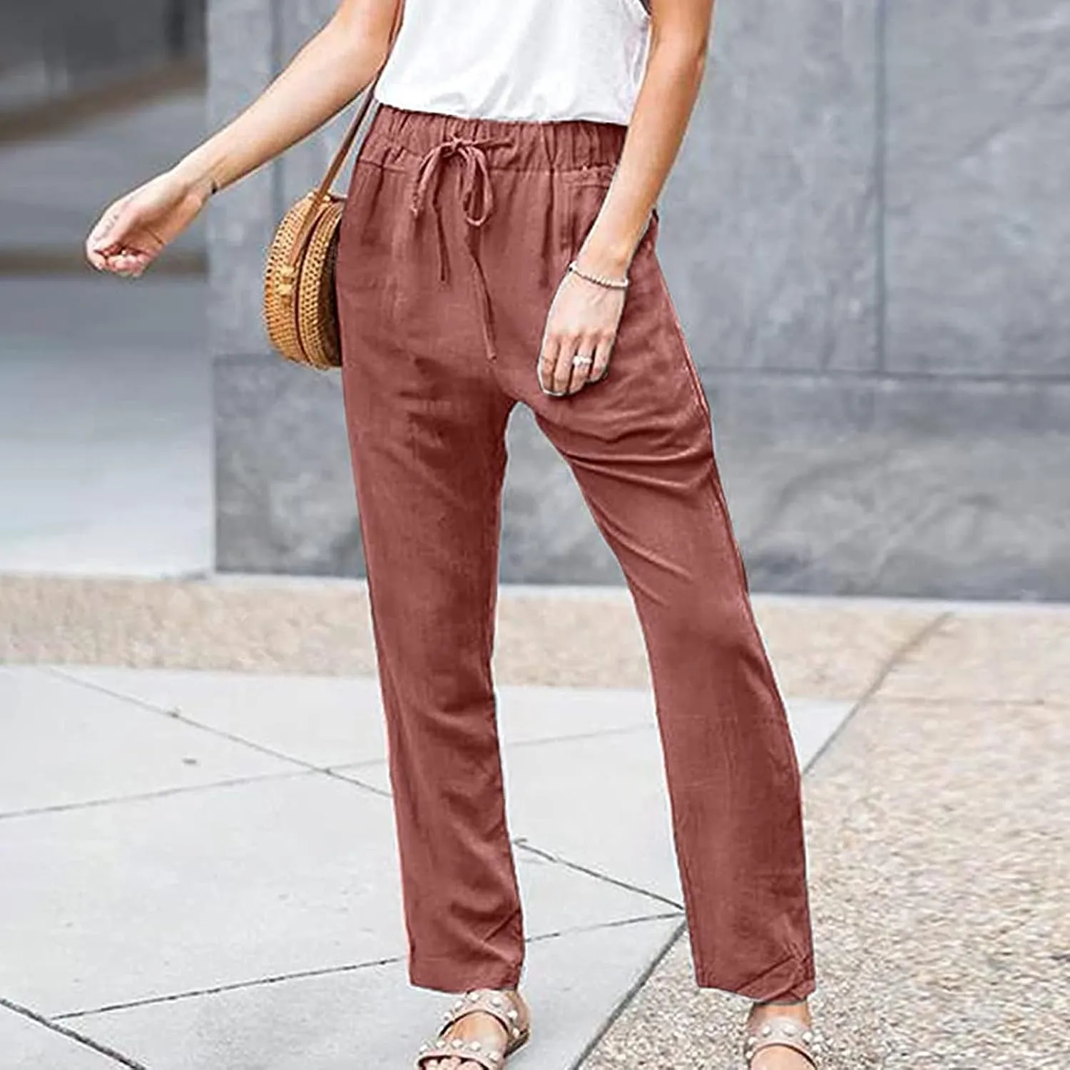 Womens Casual Linen High Waist Pants Drawstring Loose Fit Summer High Waist Beach Trousers Palazzo with Pockets