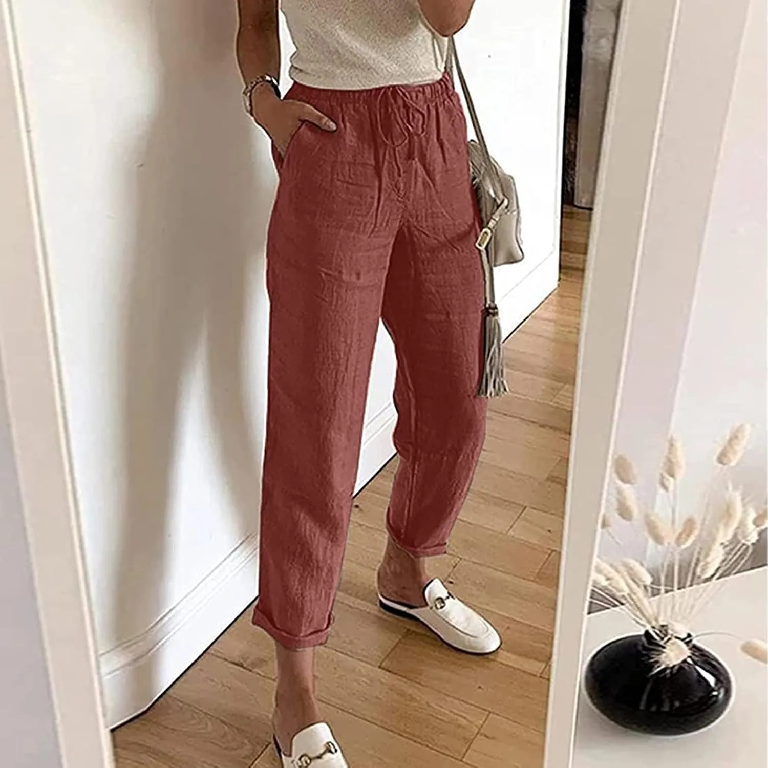 Womens Casual Linen High Waist Pants Drawstring Loose Fit Summer High Waist Beach Trousers Palazzo with Pockets