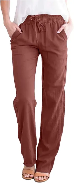 Womens Casual Linen High Waist Pants Drawstring Loose Fit Summer High Waist Beach Trousers Palazzo with Pockets