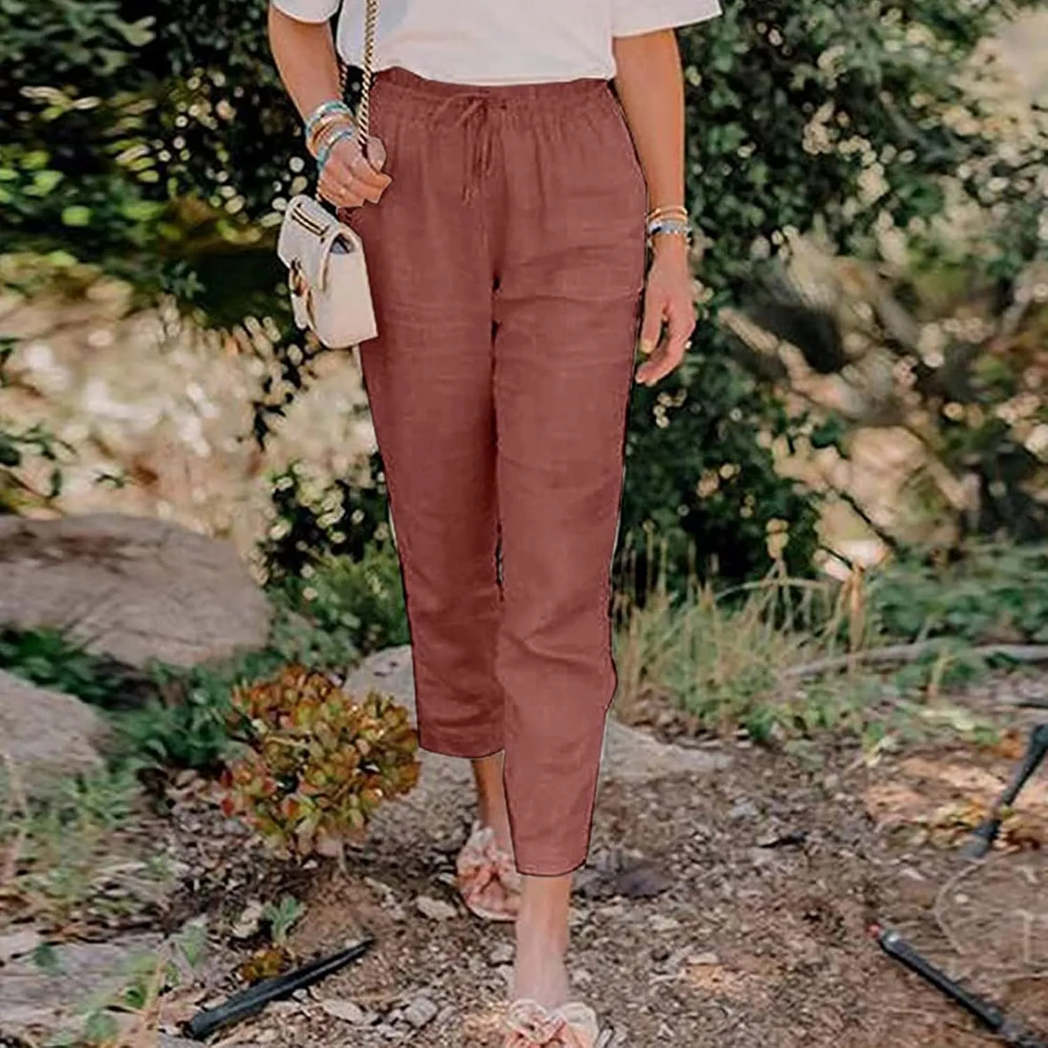 Womens Casual Linen High Waist Pants Drawstring Loose Fit Summer High Waist Beach Trousers Palazzo with Pockets