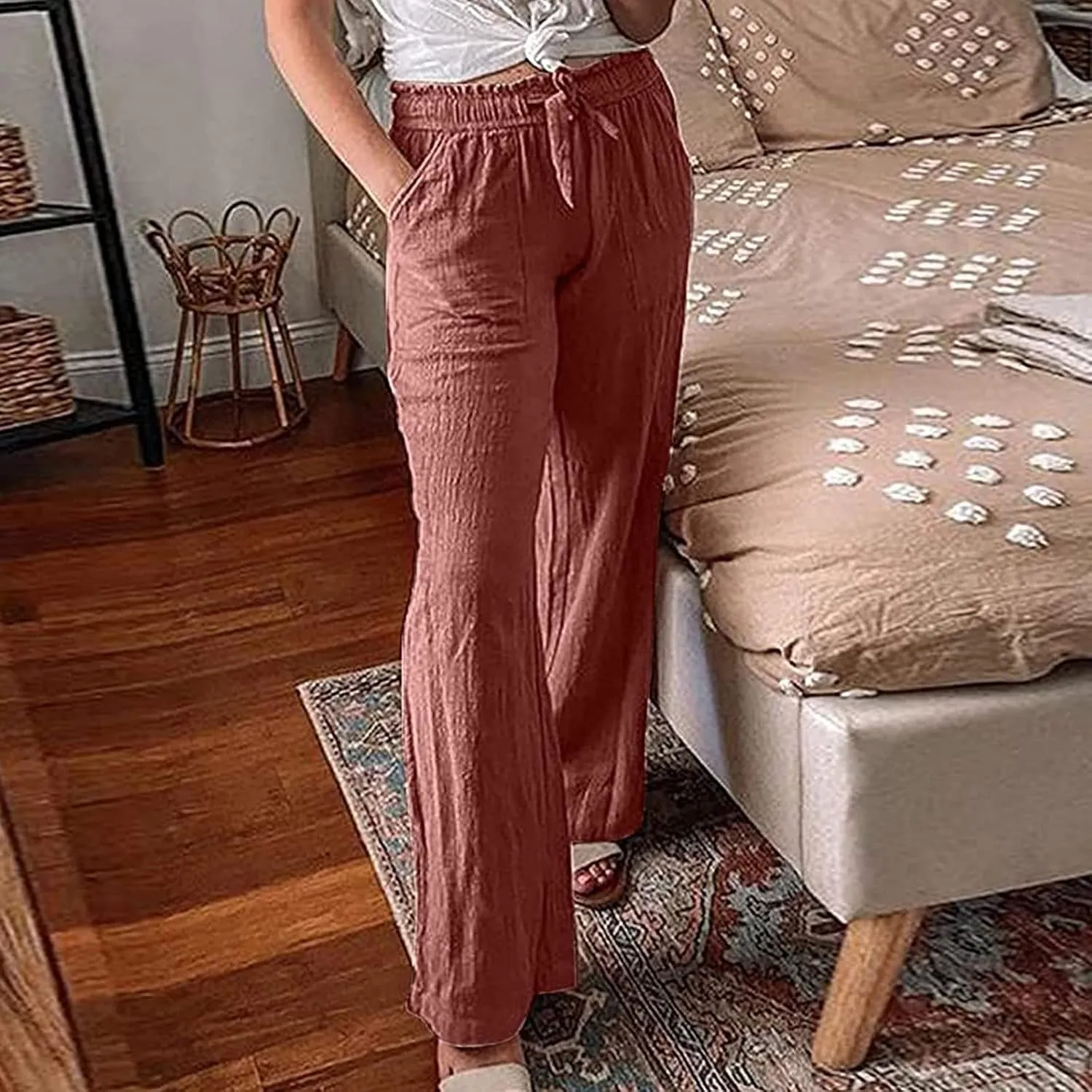 Womens Casual Linen High Waist Pants Drawstring Loose Fit Summer High Waist Beach Trousers Palazzo with Pockets