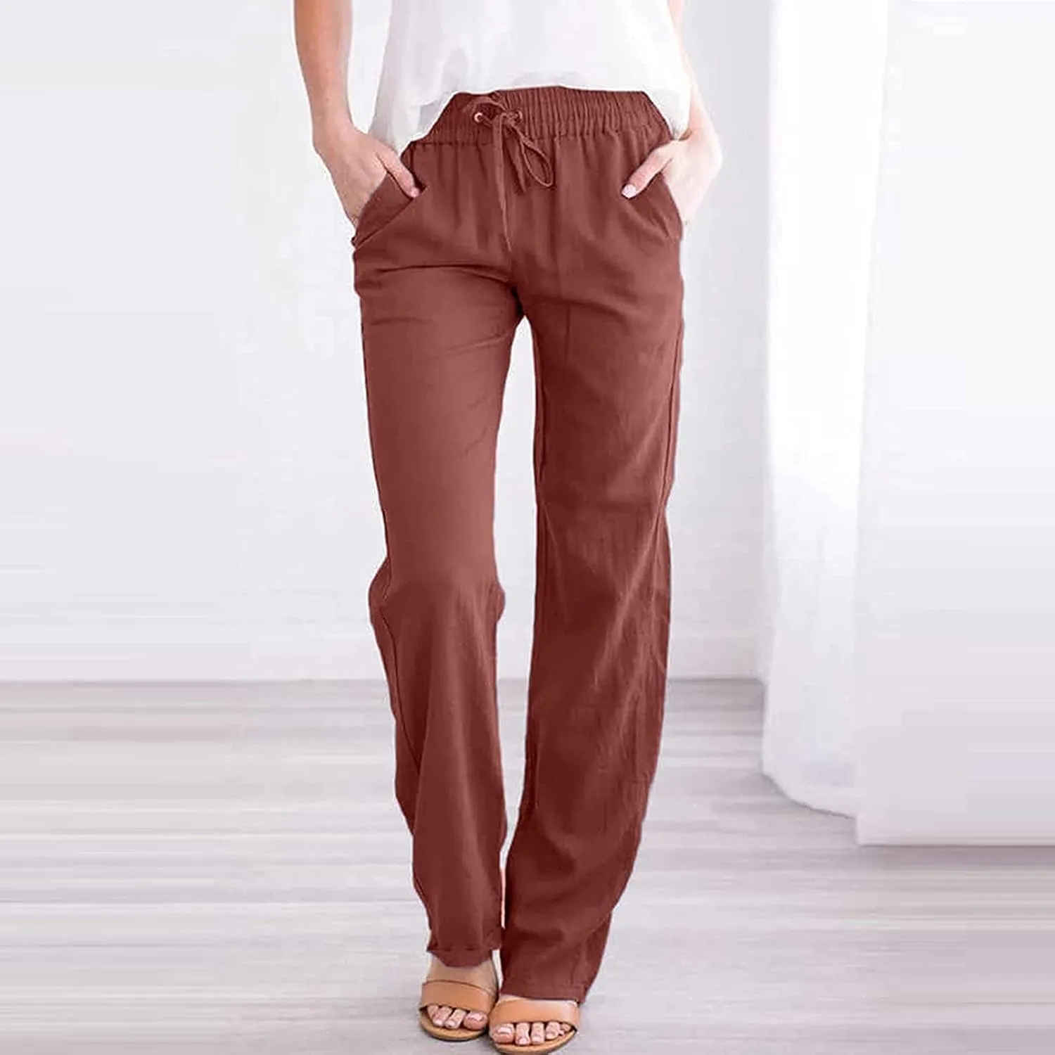 Womens Casual Linen High Waist Pants Drawstring Loose Fit Summer High Waist Beach Trousers Palazzo with Pockets