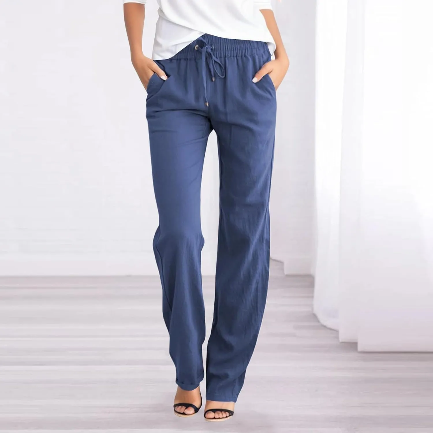Womens Casual Linen High Waist Pants Drawstring Loose Fit Summer Pants Comfy Breathable Trousers with Side Pockets
