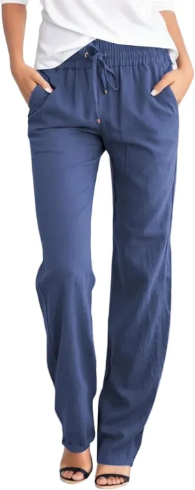 Womens Casual Linen High Waist Pants Drawstring Loose Fit Summer Pants Comfy Breathable Trousers with Side Pockets