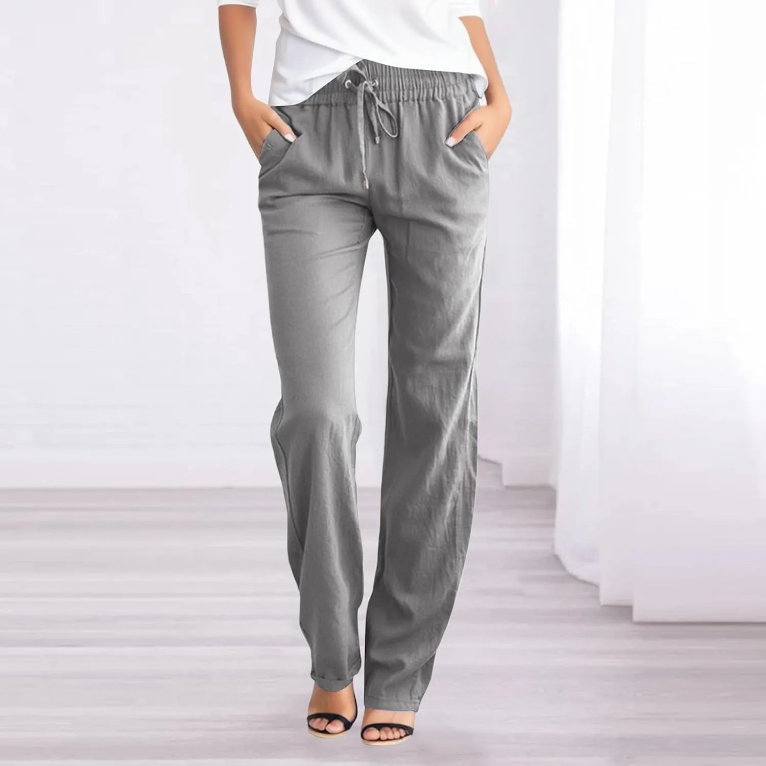 Womens Casual Linen High Waist Pants Drawstring Loose Fit Summer Pants Comfy Breathable Trousers with Side Pockets