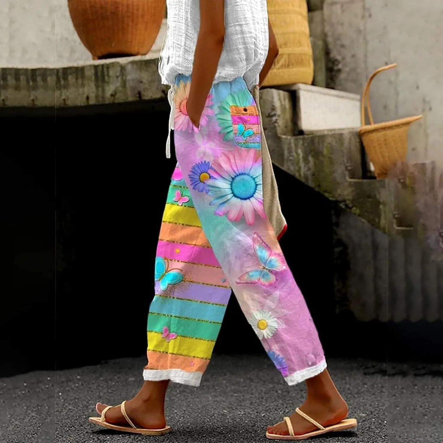Womens Casual Linen High Waist Pants Pants Beach Travel Vacation Outfits Womens Linen Wide Leg White Flowy