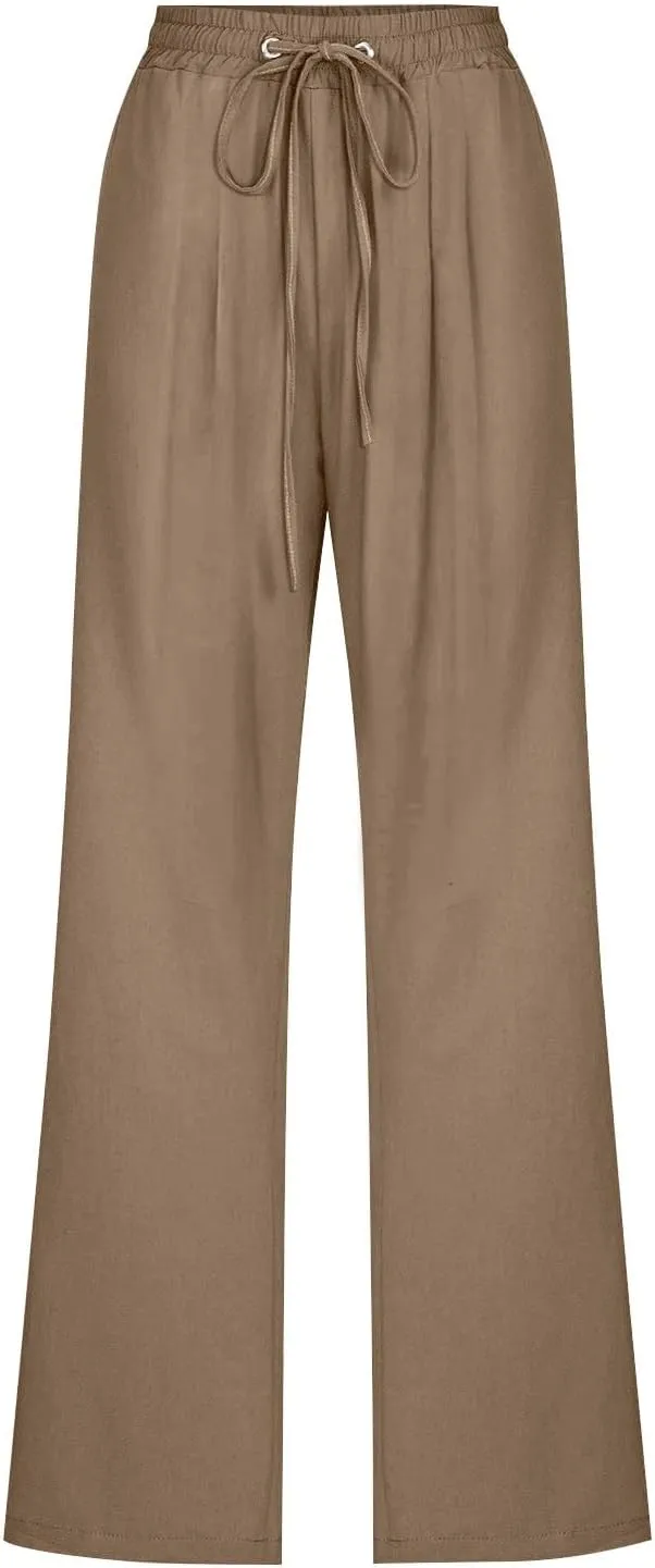 Womens Casual Linen Pants High Waist Drawstring Loose Fit Trousers with Pockets Beach Vacation Clothes for Women