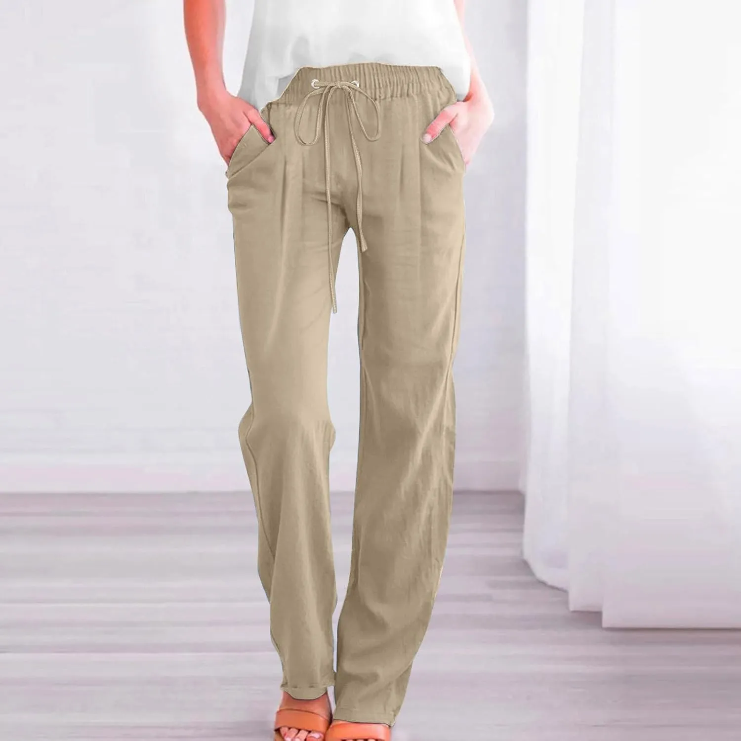 Womens Casual Linen Pants High Waist Drawstring Loose Fit Trousers with Pockets Beach Vacation Clothes for Women