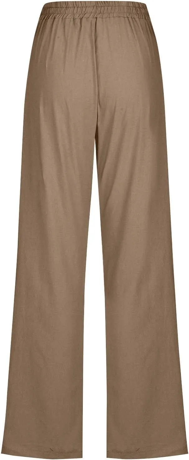 Womens Casual Linen Pants High Waist Drawstring Loose Fit Trousers with Pockets Beach Vacation Clothes for Women