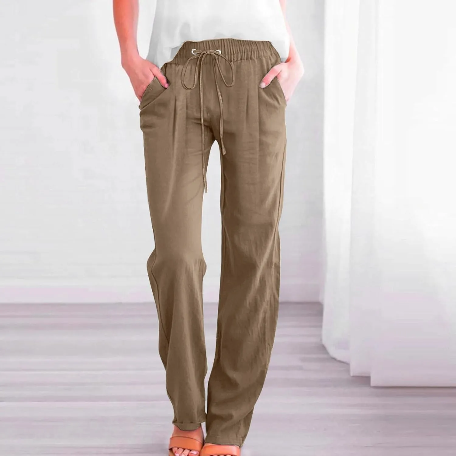 Womens Casual Linen Pants High Waist Drawstring Loose Fit Trousers with Pockets Beach Vacation Clothes for Women