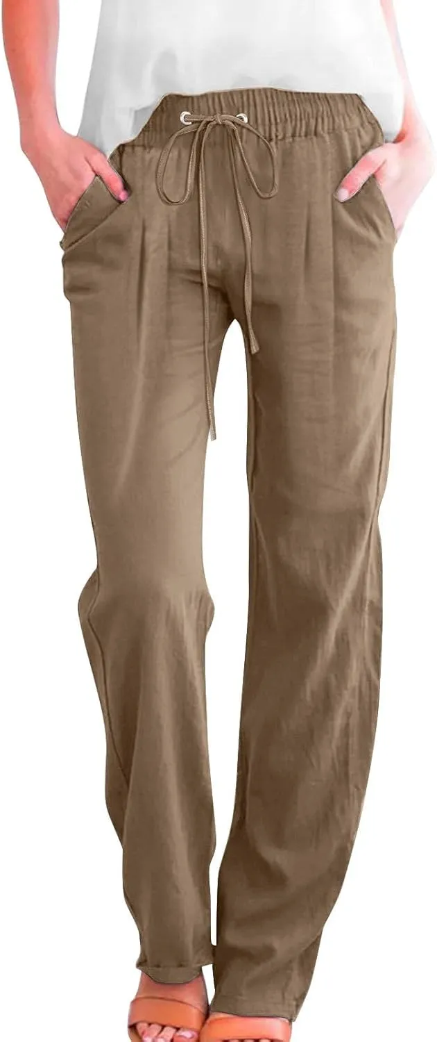 Womens Casual Linen Pants High Waist Drawstring Loose Fit Trousers with Pockets Beach Vacation Clothes for Women