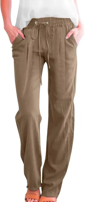 Womens Casual Linen Pants High Waist Drawstring Loose Fit Trousers with Pockets Beach Vacation Clothes for Women
