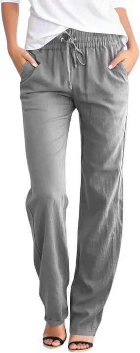 Womens Casual Linen Pants Summer Lightweight Elastic Waist Plus Size Pants Relax Fit Solid Color Lounge Long Trousers