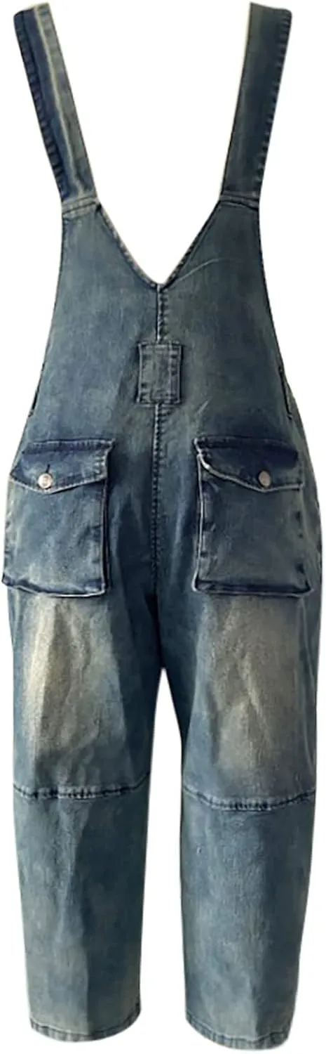 Women's Casual Loose Fit Jean Jumpsuit Overalls Crop Harem Denim Pants