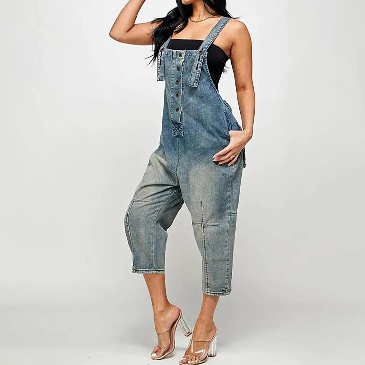 Women's Casual Loose Fit Jean Jumpsuit Overalls Crop Harem Denim Pants