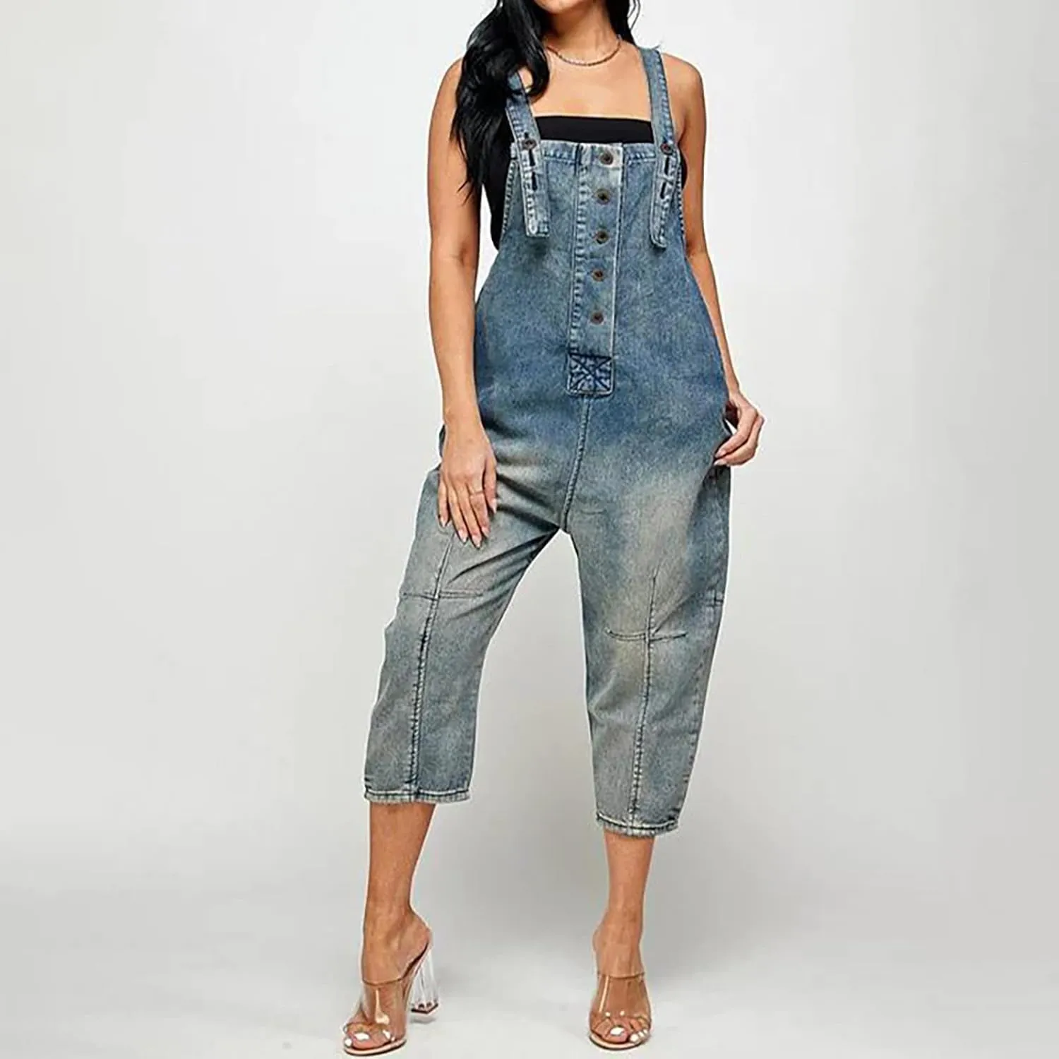Women's Casual Loose Fit Jean Jumpsuit Overalls Crop Harem Denim Pants