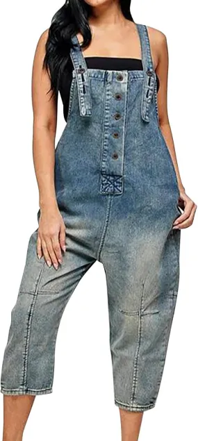 Women's Casual Loose Fit Jean Jumpsuit Overalls Crop Harem Denim Pants