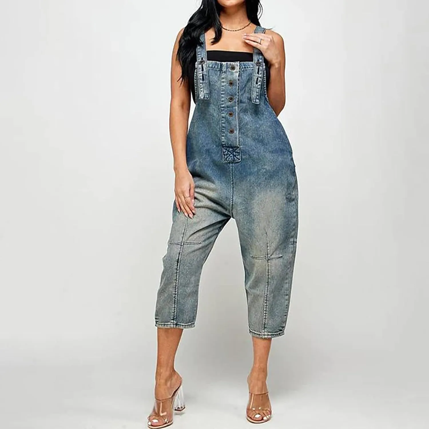 Women's Casual Loose Fit Jean Jumpsuit Overalls Crop Harem Denim Pants