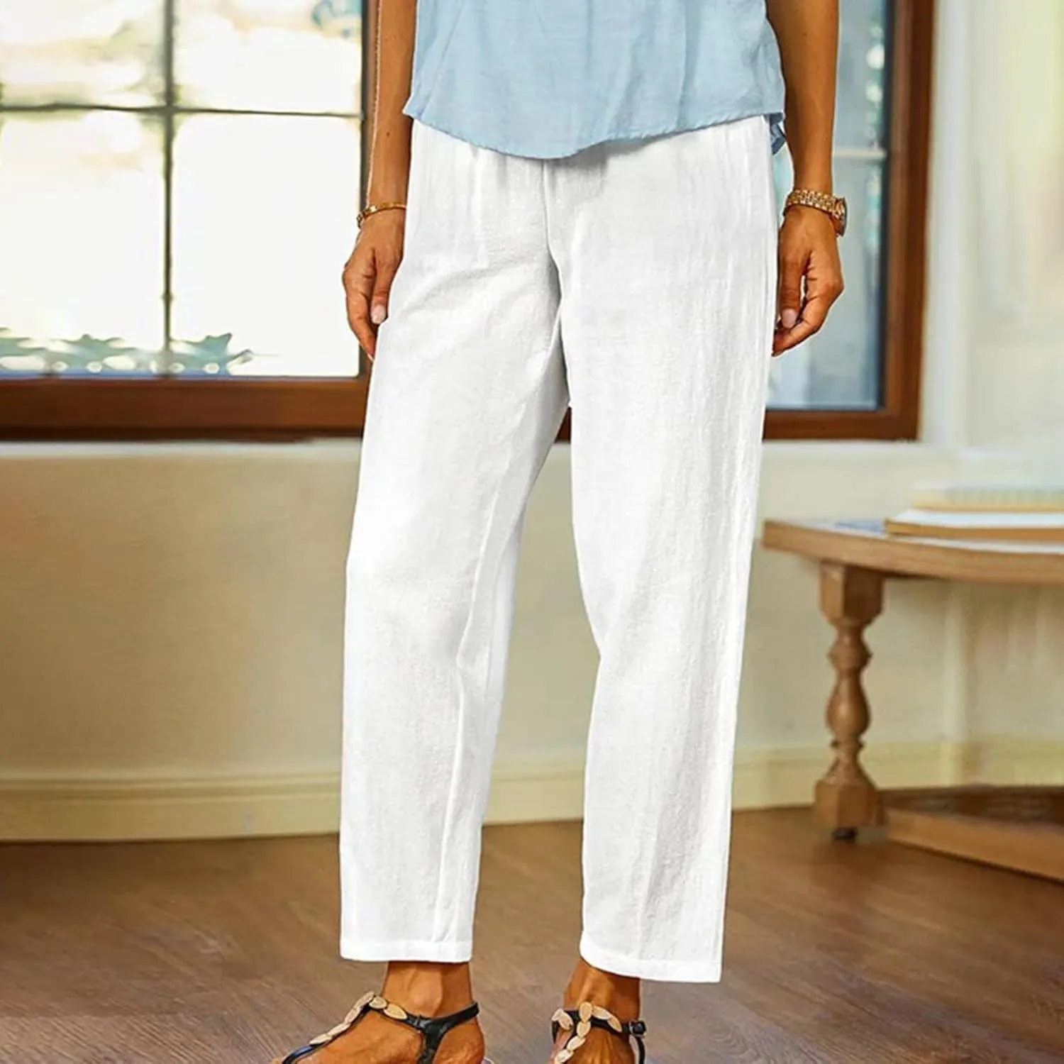 Womens Casual Loose Straight Cotton Linen Pant Elastic Waist Solid Lightweight Pants Trendy Going Out Work Trousers