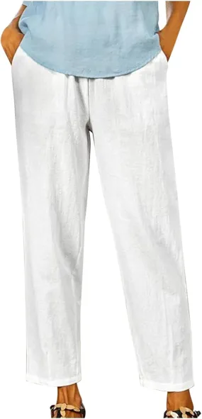 Womens Casual Loose Straight Cotton Linen Pant Elastic Waist Solid Lightweight Pants Trendy Going Out Work Trousers