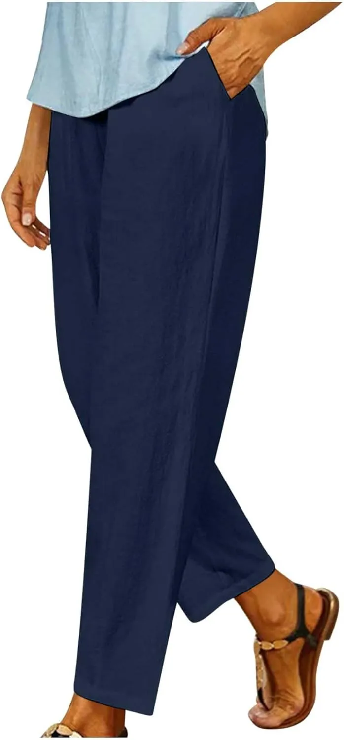 Womens Casual Loose Straight Cotton Linen Pant Elastic Waist Solid Lightweight Pants Trendy Going Out Work Trousers