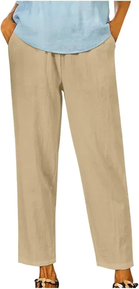 Womens Casual Loose Straight Cotton Linen Pant Elastic Waist Solid Lightweight Pants Trendy Going Out Work Trousers
