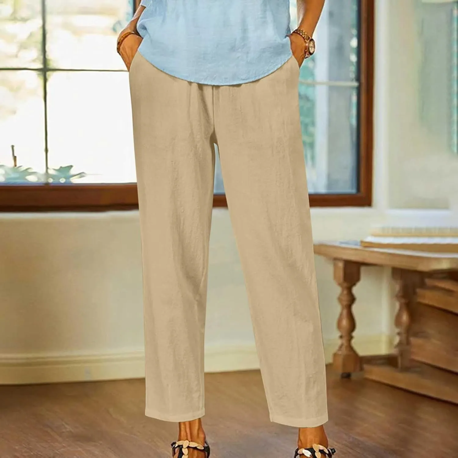 Womens Casual Loose Straight Cotton Linen Pant Elastic Waist Solid Lightweight Pants Trendy Going Out Work Trousers