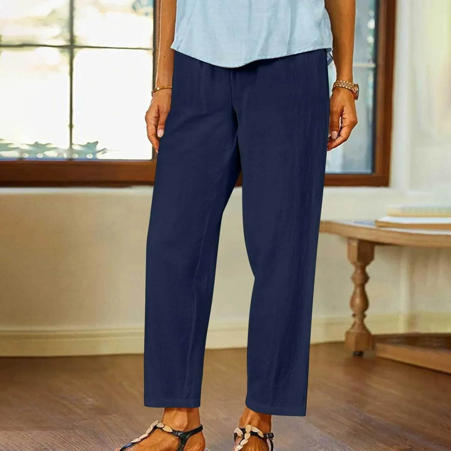 Womens Casual Loose Straight Cotton Linen Pant Elastic Waist Solid Lightweight Pants Trendy Going Out Work Trousers