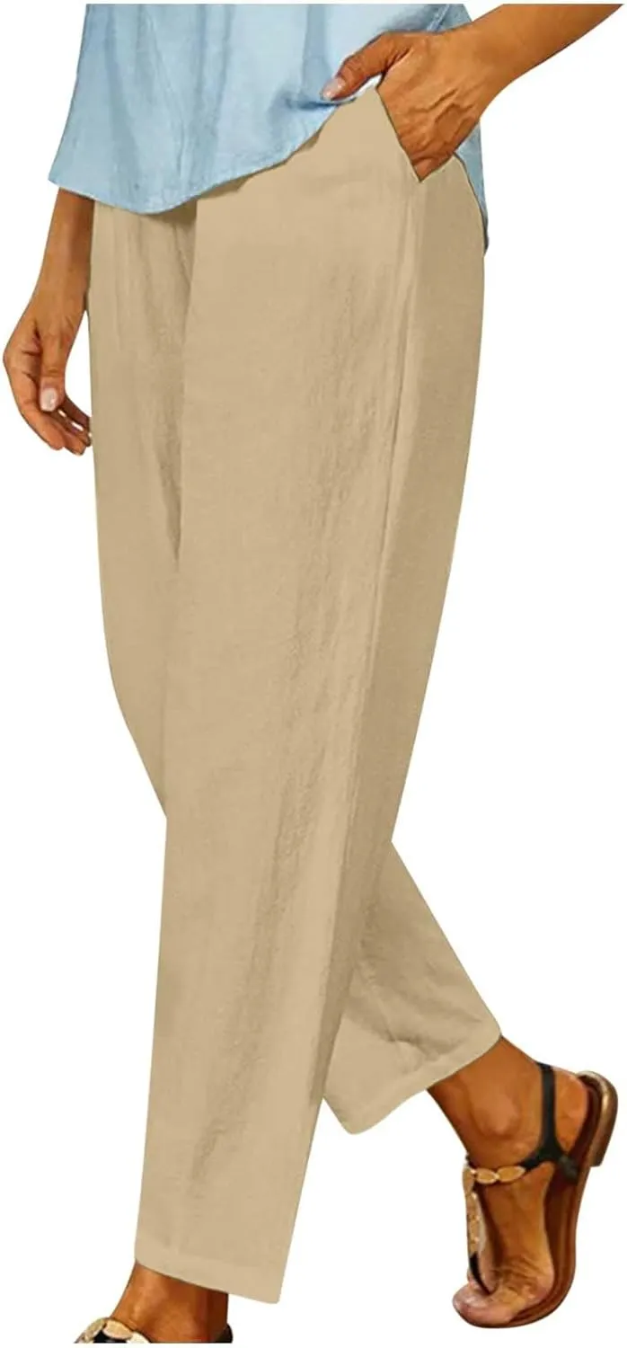 Womens Casual Loose Straight Cotton Linen Pant Elastic Waist Solid Lightweight Pants Trendy Going Out Work Trousers