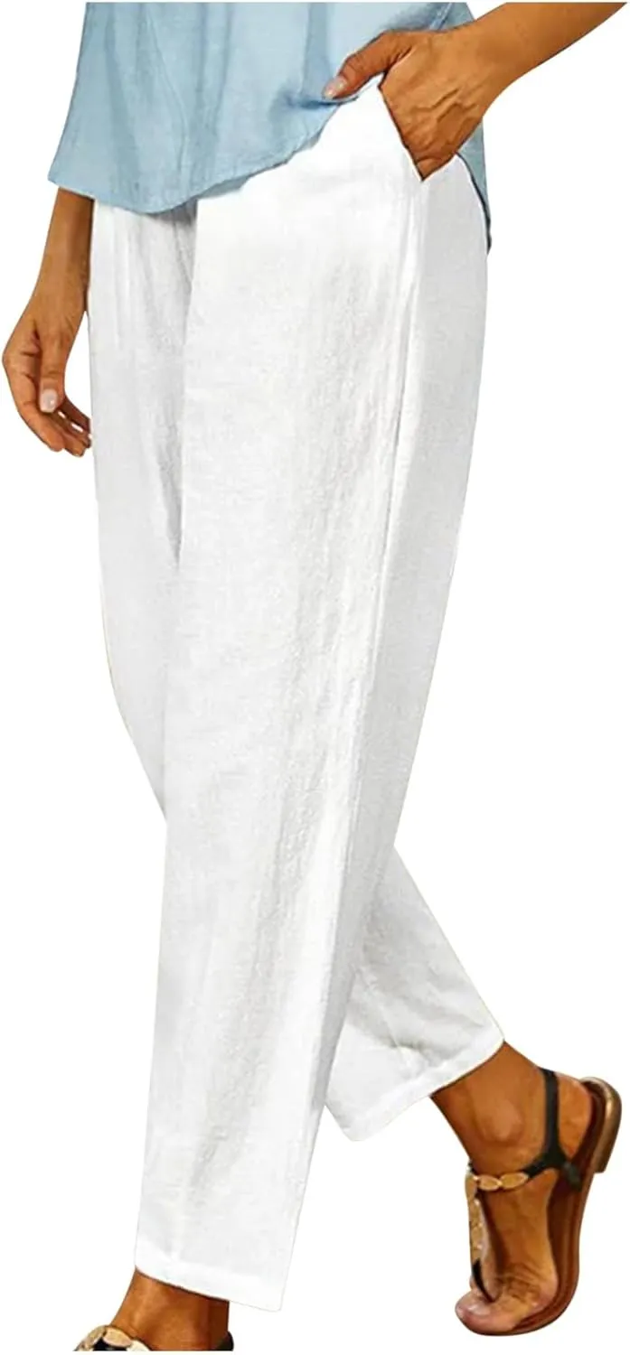 Womens Casual Loose Straight Cotton Linen Pant Elastic Waist Solid Lightweight Pants Trendy Going Out Work Trousers