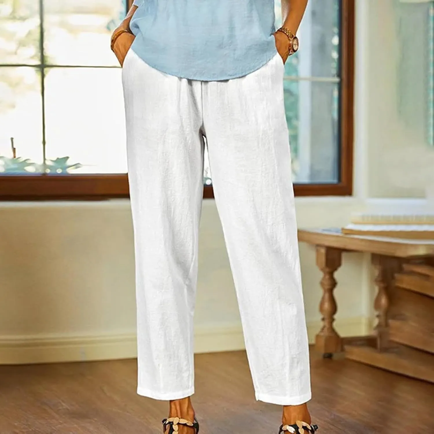 Womens Casual Loose Straight Cotton Linen Pant Elastic Waist Solid Lightweight Pants Trendy Going Out Work Trousers