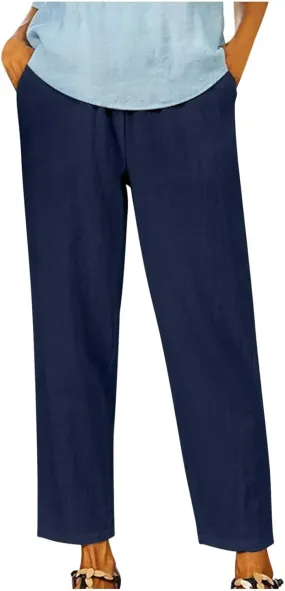 Womens Casual Loose Straight Cotton Linen Pant Elastic Waist Solid Lightweight Pants Trendy Going Out Work Trousers