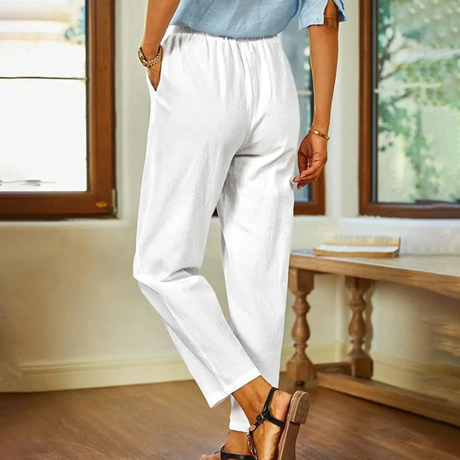 Womens Casual Loose Straight Cotton Linen Pant Elastic Waist Solid Lightweight Pants Trendy Going Out Work Trousers