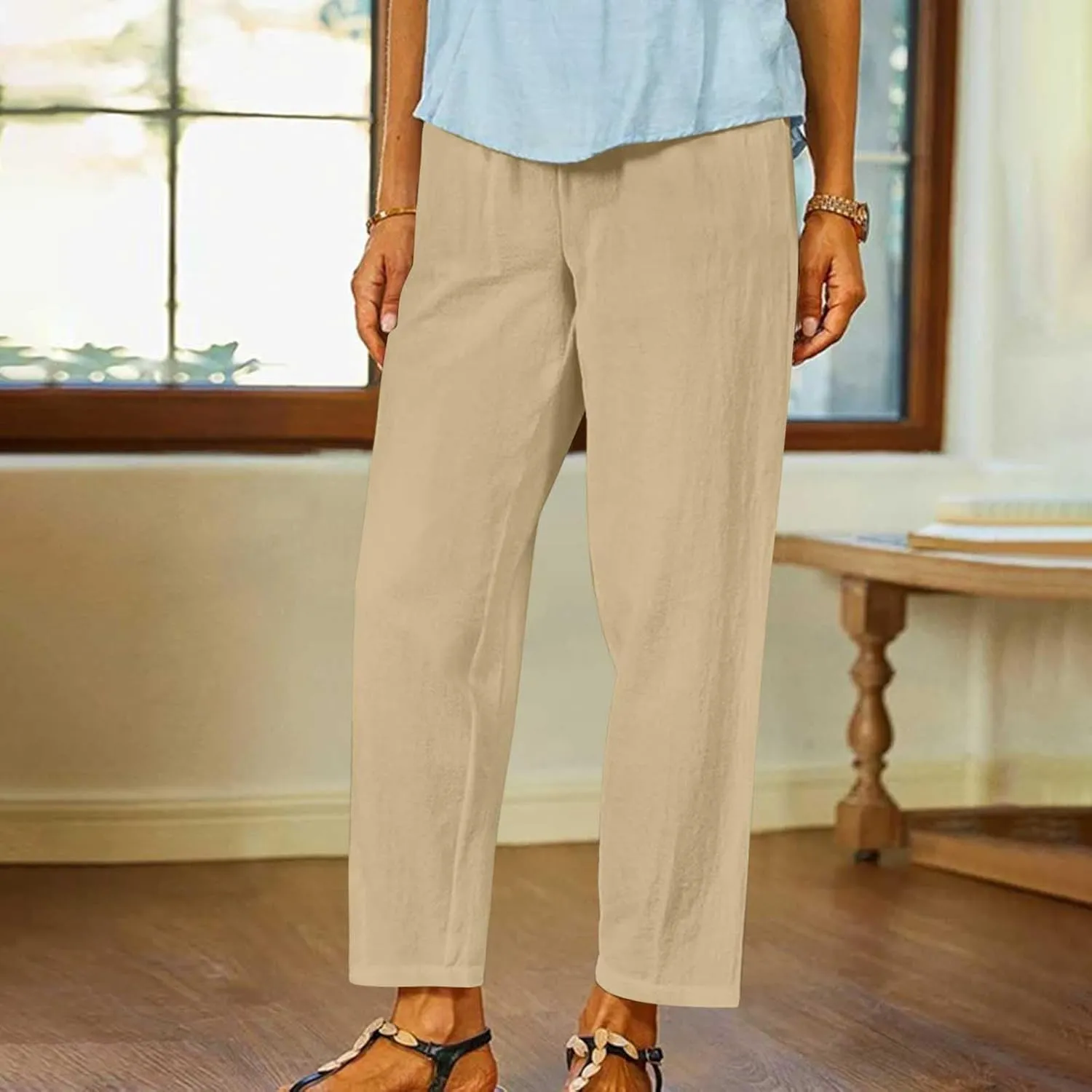 Womens Casual Loose Straight Cotton Linen Pant Elastic Waist Solid Lightweight Pants Trendy Going Out Work Trousers