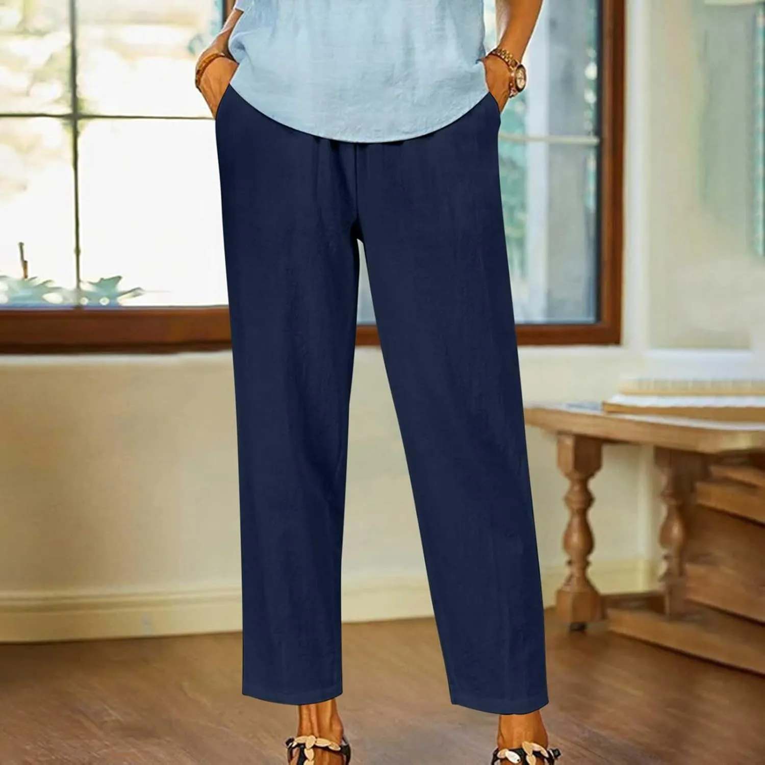 Womens Casual Loose Straight Cotton Linen Pant Elastic Waist Solid Lightweight Pants Trendy Going Out Work Trousers