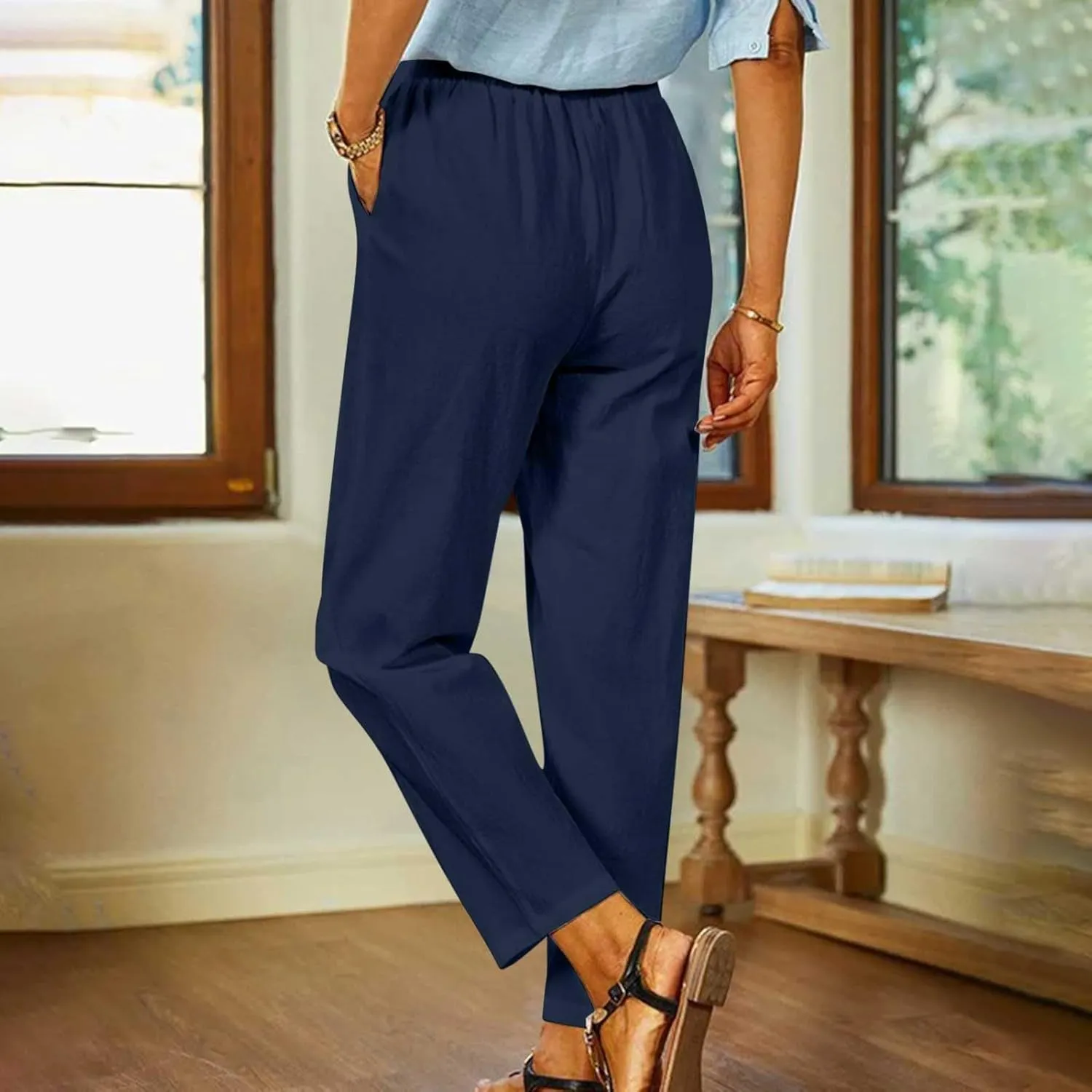 Womens Casual Loose Straight Cotton Linen Pant Elastic Waist Solid Lightweight Pants Trendy Going Out Work Trousers