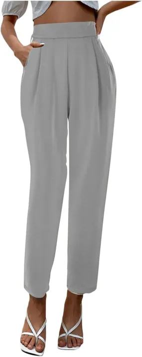 Womens Casual Pants High Waisted Satin Silk Stretchy Loose Office Slacks Wide Leg Lounge Work Trousers with Pockets