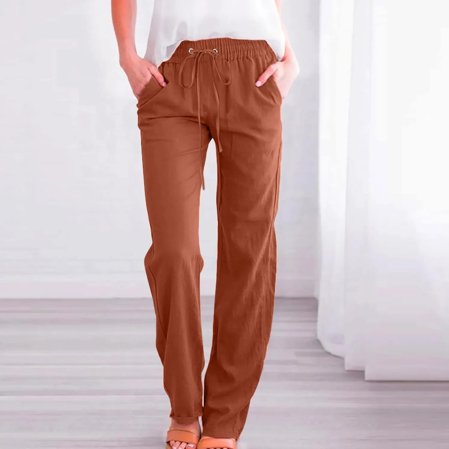 Womens Casual Summer Pants 2024 Straight Leg Drawstring Elastic High Waist Cotton Linen Pants Loose Comfy Trousers