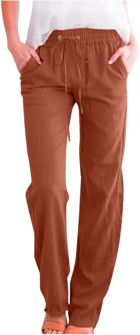 Womens Casual Summer Pants 2024 Straight Leg Drawstring Elastic High Waist Cotton Linen Pants Loose Comfy Trousers
