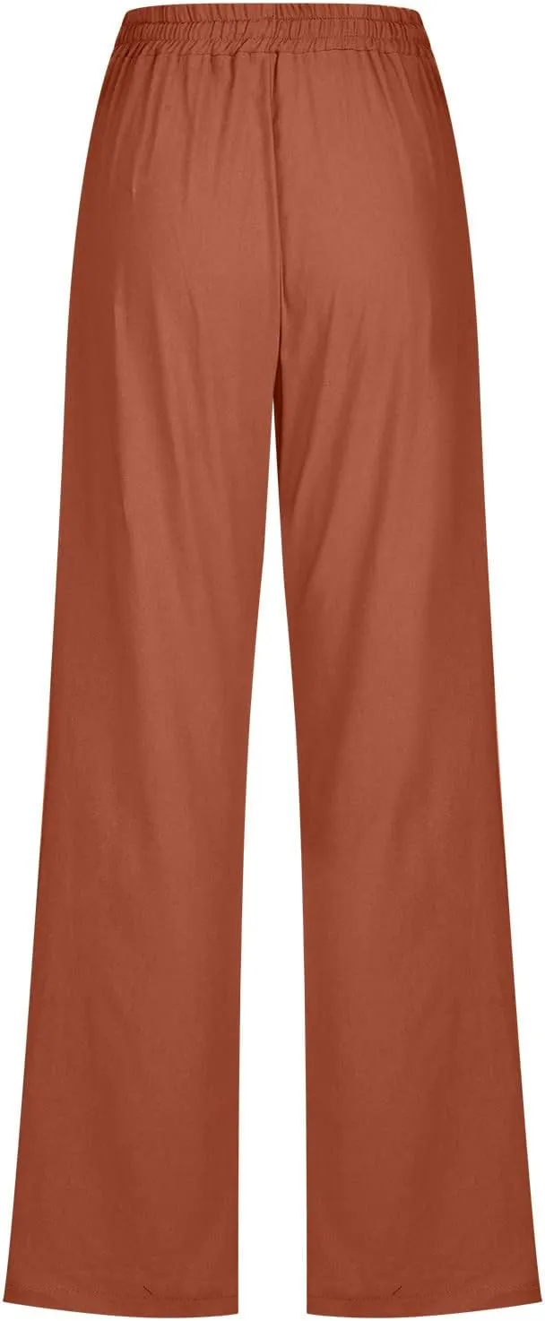 Womens Casual Summer Pants 2024 Straight Leg Drawstring Elastic High Waist Cotton Linen Pants Loose Comfy Trousers