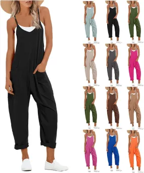 Womens Causal Sleeveless Jumpsuits V Neck Loose Spaghetti Strap Harem Long Pants Overalls One Piece Romper with Pockets