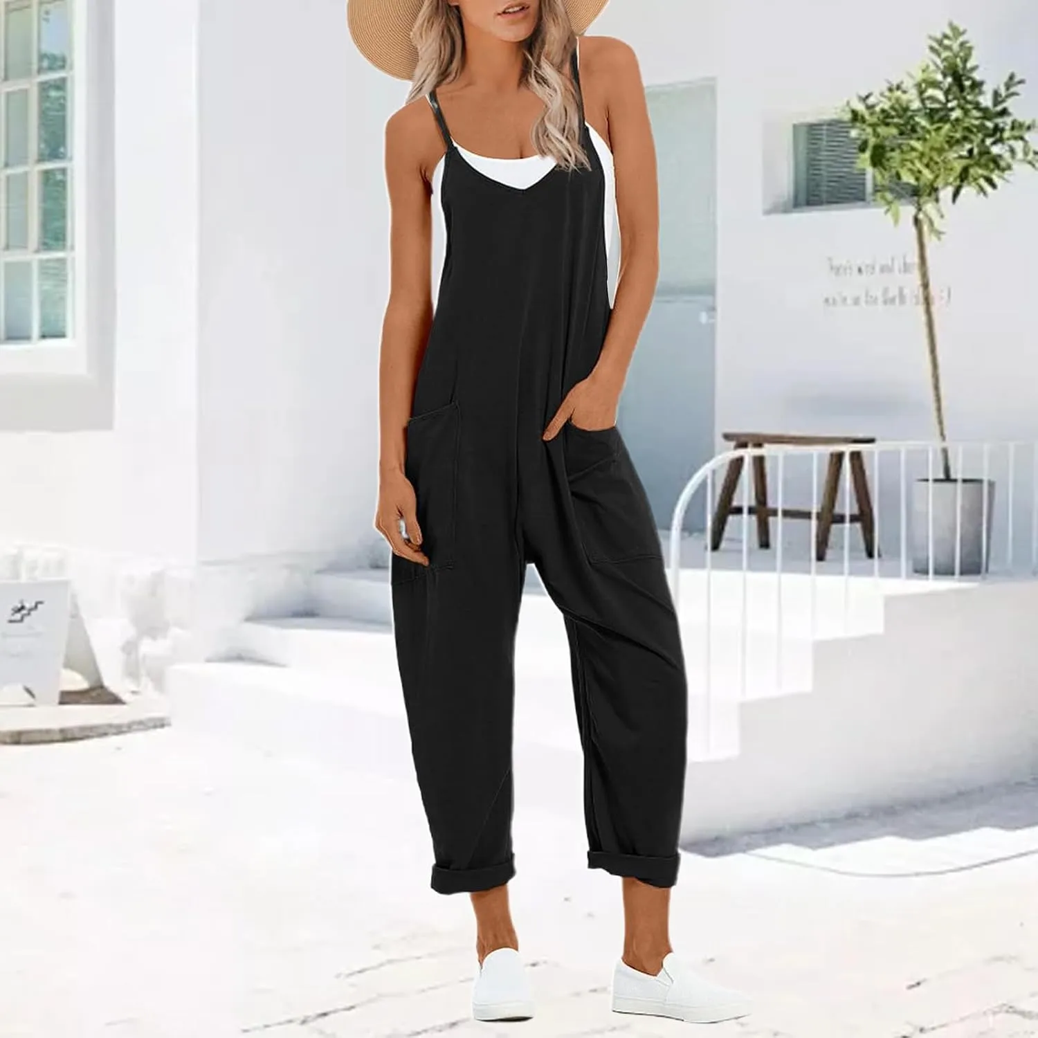 Womens Causal Sleeveless Jumpsuits V Neck Loose Spaghetti Strap Harem Long Pants Overalls One Piece Romper with Pockets